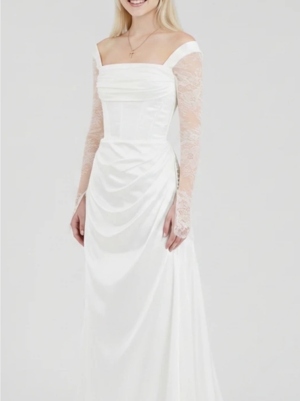 White Off-Shoulder Lace Sleeve Wedding Dress